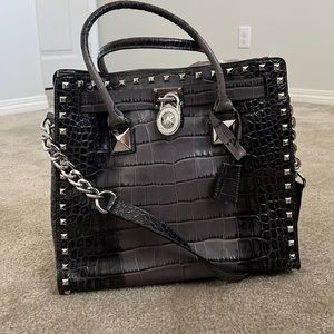 Michael Kors grey croc Embossed Leather studded Hamilton tote